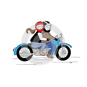 Cartoon digital design motorcycle rider and pillion