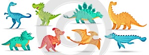Cartoon dino. Cute dinosaur, funny ancient brontosaurus and green triceratops. Comic dinosaurs vector illustration set