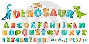 Cartoon dino font. Dinosaur alphabet letters and numbers, funny dinos letter signs for nursery or kindergarten kids photo