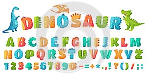 Cartoon dino font. Dinosaur alphabet letters and numbers, funny dinos letter signs for nursery or kindergarten kids vector