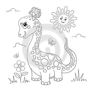 Cartoon dinosaur. Black and white linear image. Vector