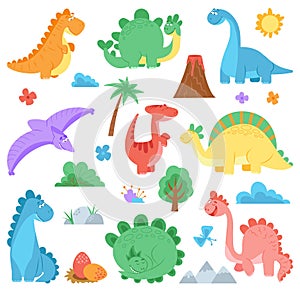 Cartoon dinosaur. Cute colors dino, dinosaurs wildlife animals. Predator funny characters. Childish dragons volcano