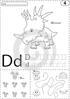 Cartoon dinosaur, daisy and donkey. Alphabet tracing worksheet: