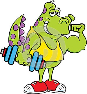 Cartoon dinosaur holding a dumbbell and making a muscle.