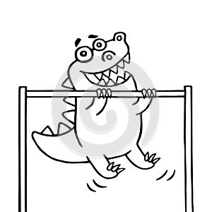 Cartoon dinosaur pulls up on the transponder. vector illustration