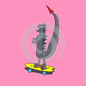 Cartoon dinosaur rides on skateboard. Tyrannosaur skateboarder. design vector illustration.