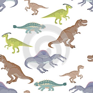 Cartoon dinosaur Seamless pattern. Cute Spinosaurus, Ankylosaurus, Tyrannosaurus Rex, Parasaurolophus, Velociraptor and Ankylosaur
