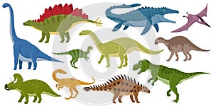 Cartoon dinosaurs, ankylosaurus, brontosaurus, stegosaurus extinct raptors. Pterodactyl and tyrannosaurus jurassic