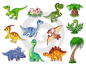 Cartoon dinosaurs. Cute dino, dinosaur and palm. Color wildlife characters, prehistoric predator. Funny baby animals