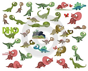 Cartoon dinosaurs. Cute dino toys. Children characters baby. Big set. Isolated on white background. Vector