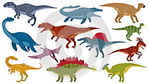 Cartoon dinosaurs, jurassic extinct dino raptors, predators and herbivores. Jurassic dinosaurs reptile, tyrannosaurus