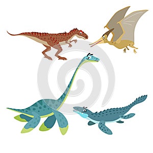 Cartoon dinosaurs set. Allosaurus, Plesiosaurus, Pteranodon and Mosasaurus. Land, flying and aquatic dinosaurs collection. Vector