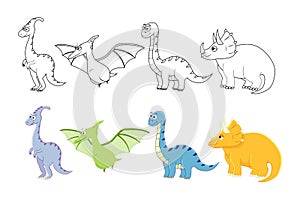 Cartoon dinosaurs set. Coloring book pages for kids. Vector ill