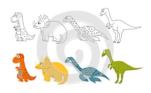 Cartoon dinosaurs set. Coloring book pages for kids. Vector ill