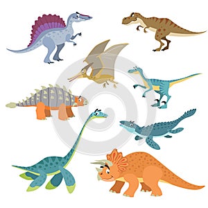 Cartoon dinosaurs set. Cute dinosaurs collection in flat funny style. Predators and herbivores prehistoric wild animals. Vector il