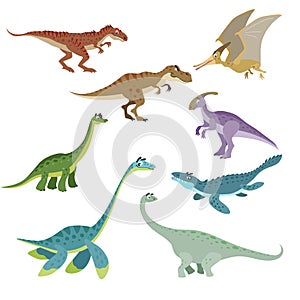 Cartoon dinosaurs set. Cute dinosaurs collection in flat funny style. Predators and herbivores prehistoric wild animals. Vector il