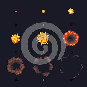 Cartoon disappear explode bomb explosion with smoke cloud vector animation frames