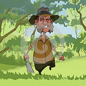 Cartoon disgruntled man with a cleaver in his hands strides through the woods