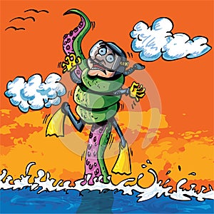 Cartoon diver attacked by tentacle