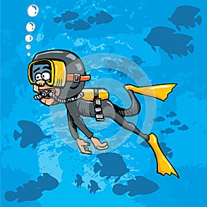 Cartoon diver swimming underwater with fish