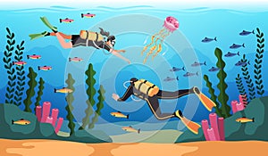 Cartoon divers under water. People with scuba gear and oxygen tanks are engaged in diving. Ocean sport. Extreme hobby