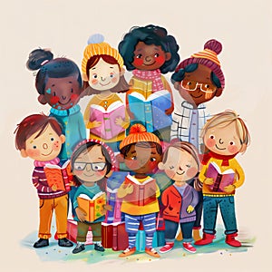 Cartoon of diverse children embracing the joy of learning through books, promoting inclusivity and knowledge in school education