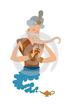 Cartoon djinn old man coming out of a magic lamps. Legend cartoon wizard