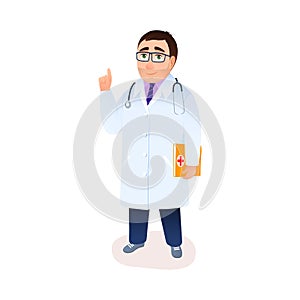 Cartoon doctor character in lab coat with stethoscope, medical research folder thumb up gesture. Adult young smiling man