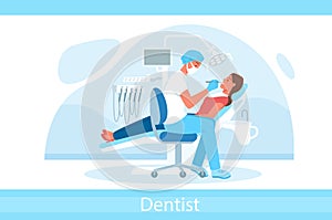 Cartoon doctor dentist character in mask holding dental instrument and examining patient teeth, woman sitting in chair