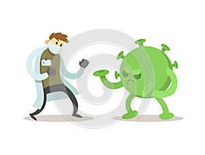 Cartoon doctor fighting big green virus, cure coronavirus. Fight covid-19 coronavirus concept. Flat vector illustration