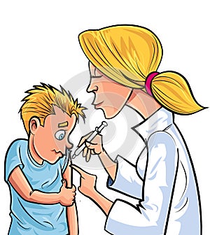 Cartoon doctor giving child a vaccination