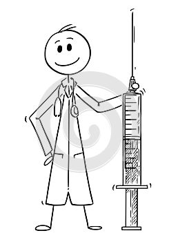 Cartoon of Doctor Holding Big Syringe
