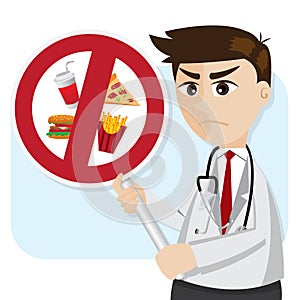 Cartoon doctor with junk food prohibit signage