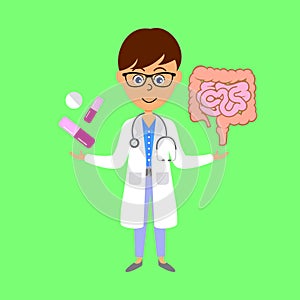 Cartoon doctor,  large and small intestines and medicine. Healthcare concept.