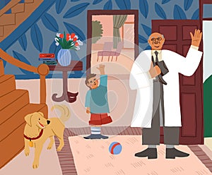 Cartoon doctor in mask visiting children at home. Sick boy and girl getting treatment at home, house call flat vector