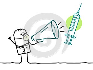 Cartoon Doctor with megaphone, giving Vaccine information