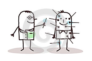 Cartoon doctor with patient and acupuncture