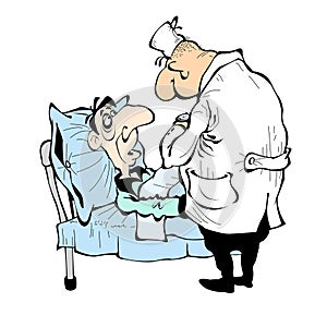 Cartoon doctor and patient in the hospital.