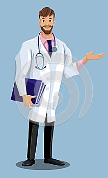 Cartoon doctor pointing sideway by hand