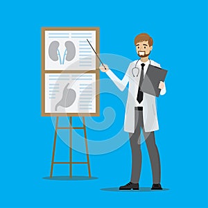Cartoon doctor with presentation stand