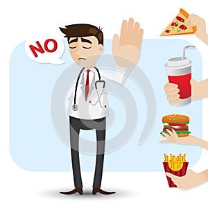 Cartoon doctor refuse junk food photo