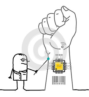 Cartoon Doctor Showing A Microchip Implant in Wrist