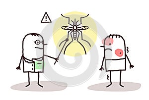 Cartoon doctor with sick man and Dengue mosquito