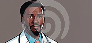 Cartoon doctor with stethoscope, no expression, facial hair, pleased gesture