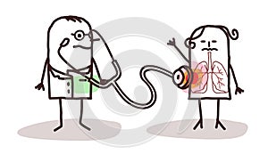 Cartoon Doctor using Stethoscope and Woman with Pulmonary problems