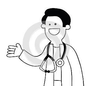 Cartoon doctor or vet is happy and showing, vector illustration