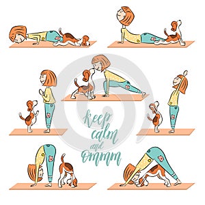 Cartoon dog beagle with girl doing yoga