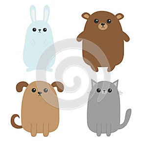 Cartoon dog, cat, bear grizzly, rabbit hare icon. Puppy Kitten. Kawaii pet forest animal. Mustache whisker tail. Funny smiling cha