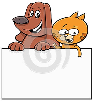 Cartoon dog and cat with blank card graphic design