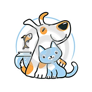Cartoon dog and cat, fish jumping of aquarium, little pets hugging, vet or pet shop logo design, vector illustration